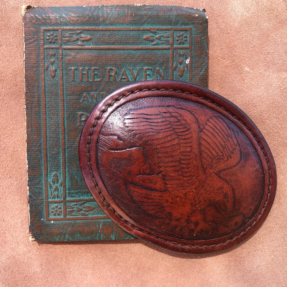 Vintage Tooled Leather “Eagle” Belt Buckle 
Bald Eagle flying over mountains ❤️